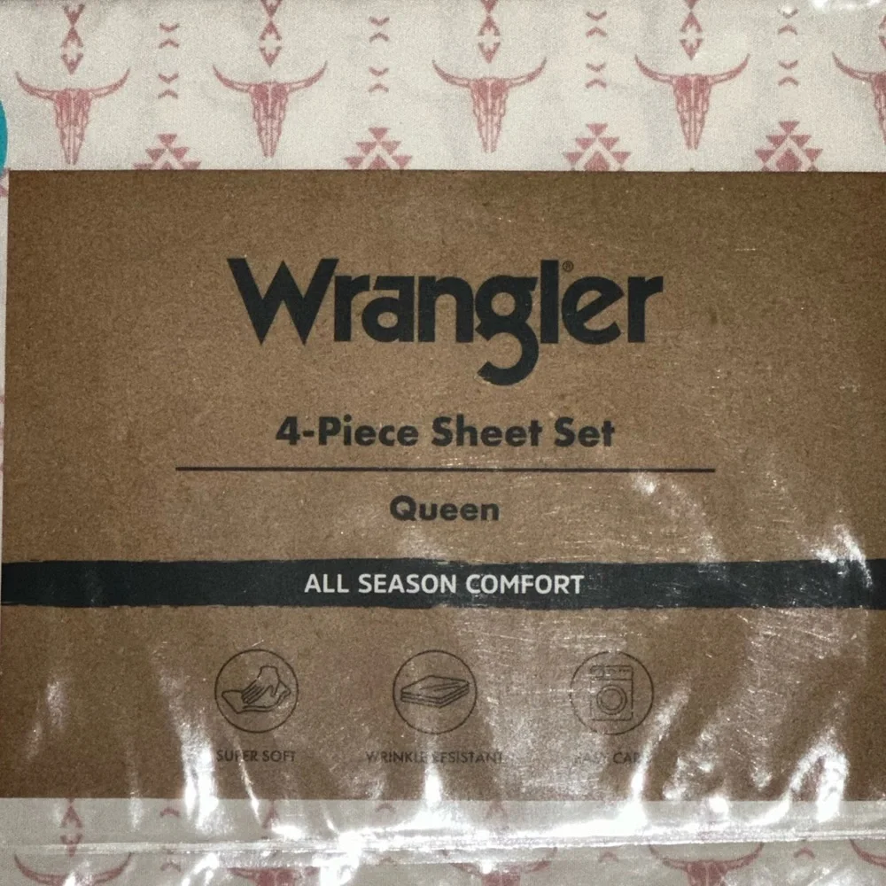 NEW Wrangler Pink/White Steer Head/Aztec 4-Piece Queen Sheet Set